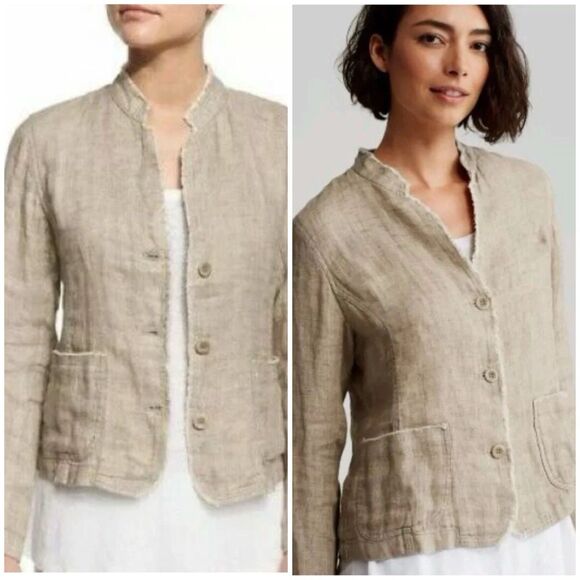 Eileen Fisher Natural Organic Linen Doubleweave Stand Collar Jacket Plus Size 1X - Picture 1 of 11